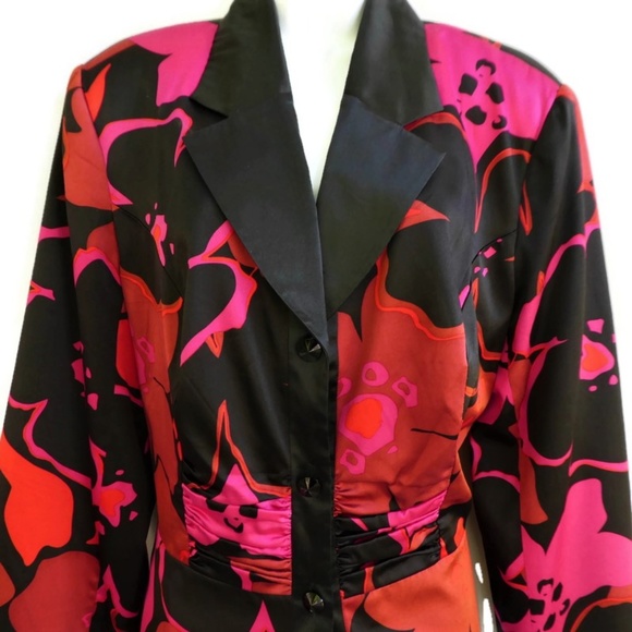 NEW JS Collections Pure Silk Satin Blazer Blouse Floral Ruched Shoulder Pads 14W - Picture 4 of 6